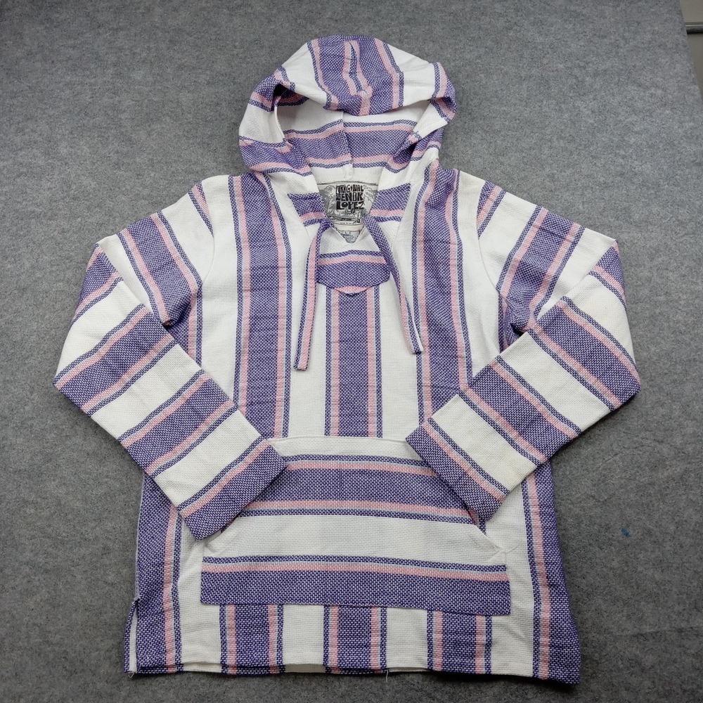 Original Senor Lopez Hoodie Womens Large White Purple Pink Striped Pullover Baja